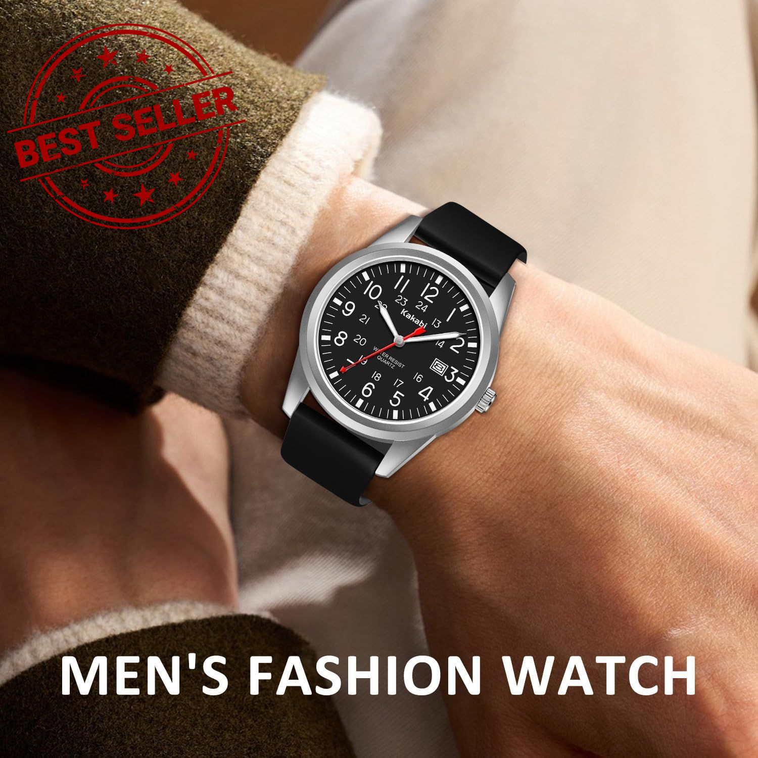 Kakabi Men’s Easy to Read Watch, Unisex Military Sport Analog 011-SilverBlack