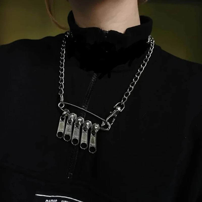 Zipper Chain Necklace Fringe Geometric Punk Style Statement Unisex Jewelry
