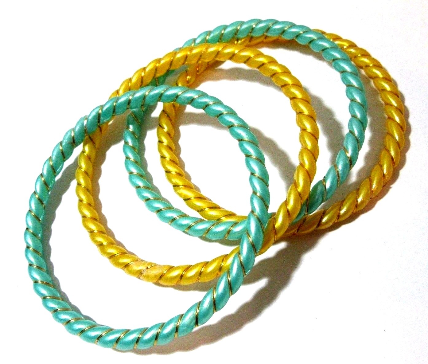 Blue an Yellow Set of Four Vintage Bangle Bracelets Thin Gold Tone Foil Wrap