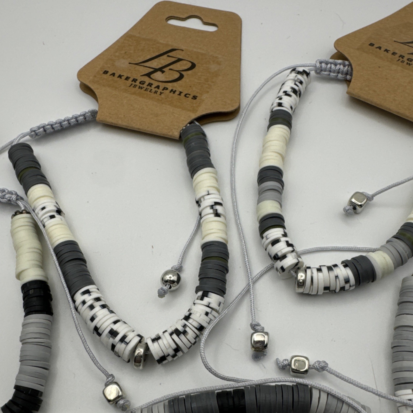 Baker Graphics Jewelry Beaded Adjustable Cord Bracelets Gray White Black