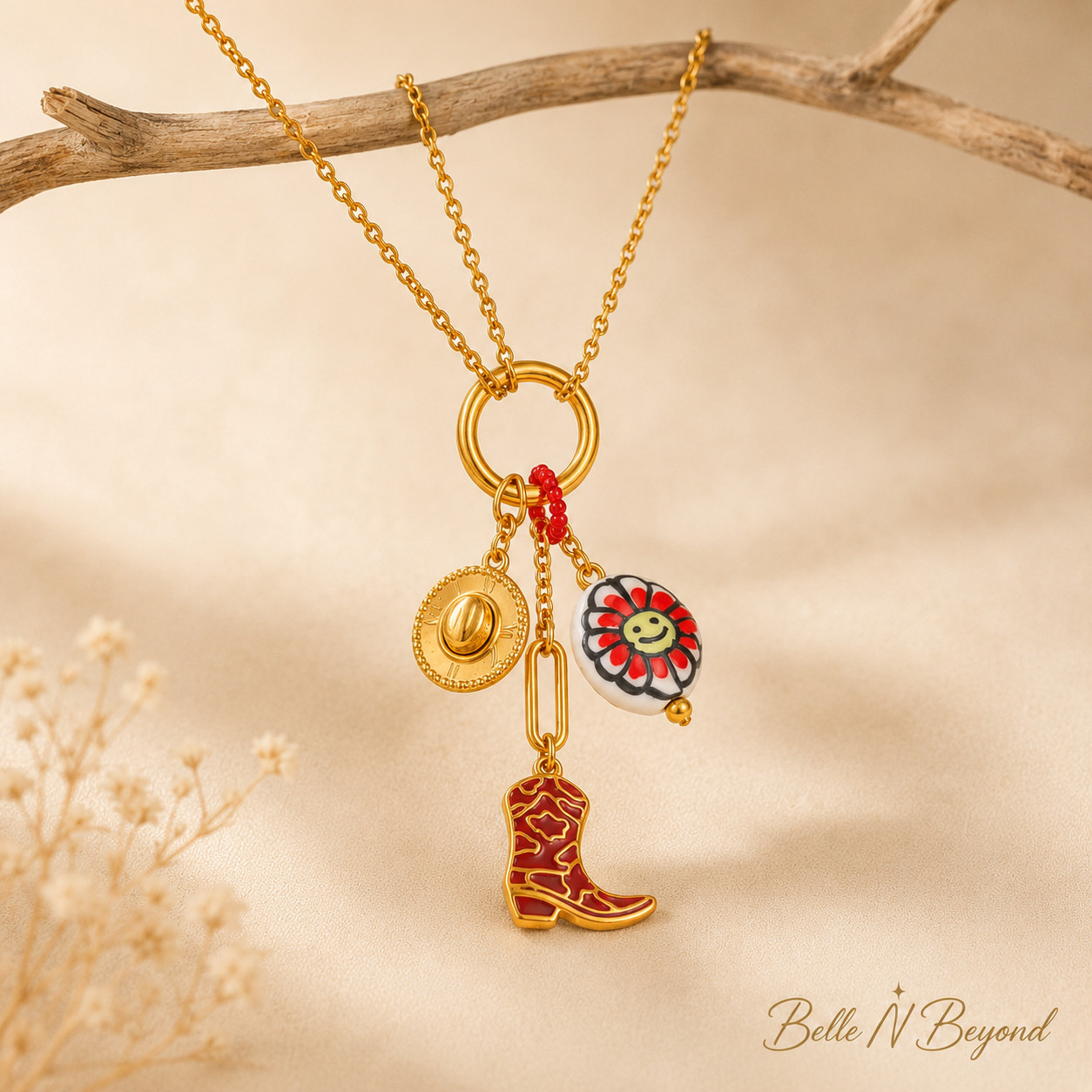 Gold Western Charm Necklace Cowboy Boot Hat Flower Pendant Stainless Steel