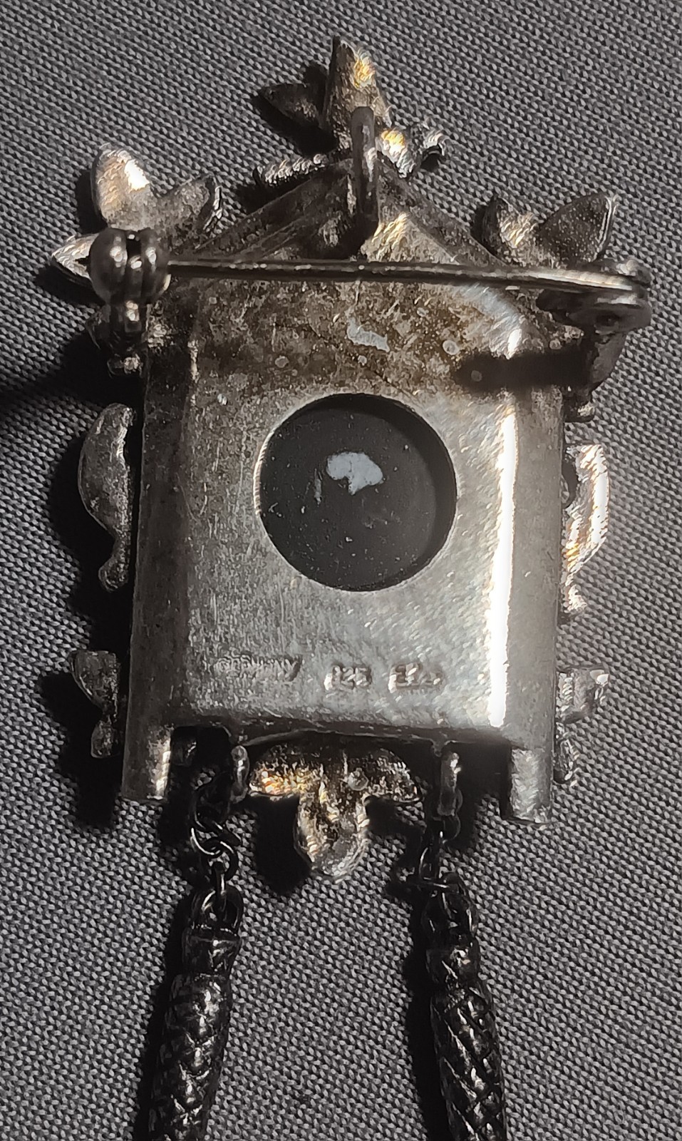 Vtg Sterling Silver Cuckoo Clock Brooch Black Onyx & Marcasite Accents 2-3/8″