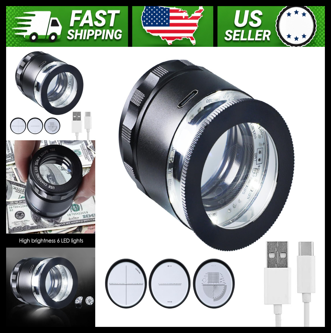 10X Rechargeable Jewelers Loupe Magnifier with LED Lights and 3 Reticle Scales
