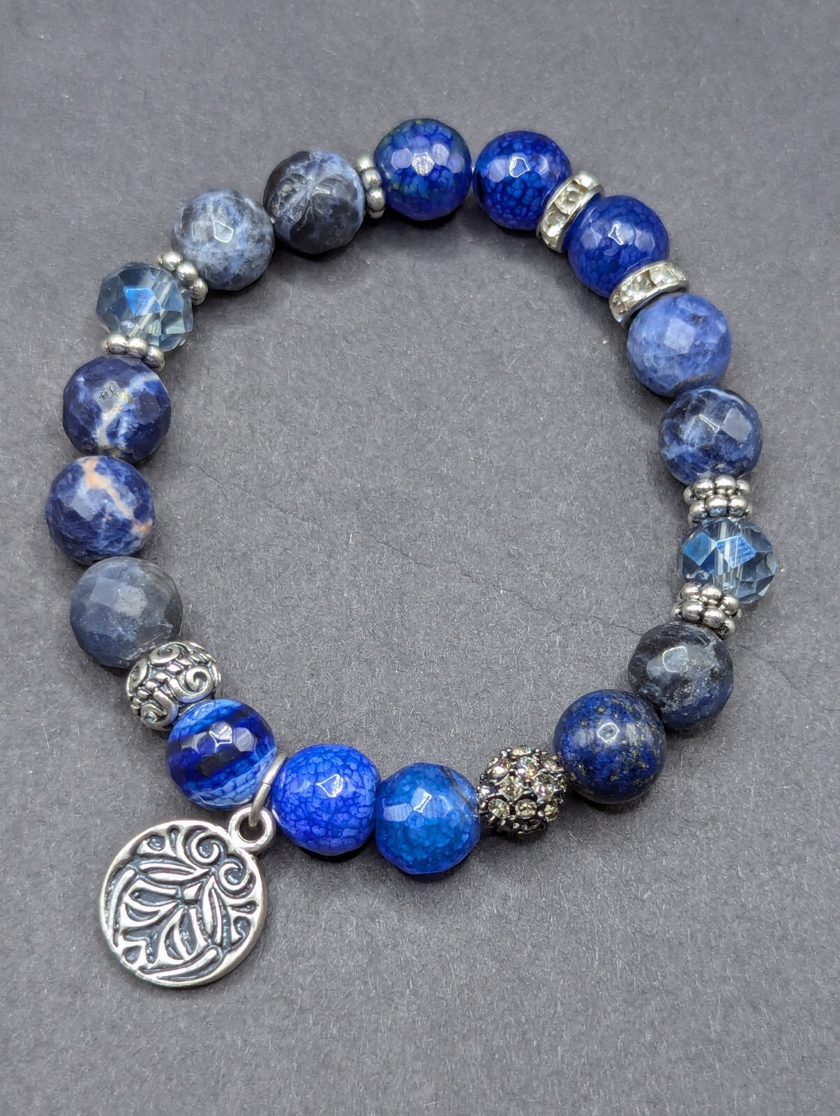 Natural Blue Gemstone 10mm Beaded Charm Stretch Bracelet (16cm) Small Wrist