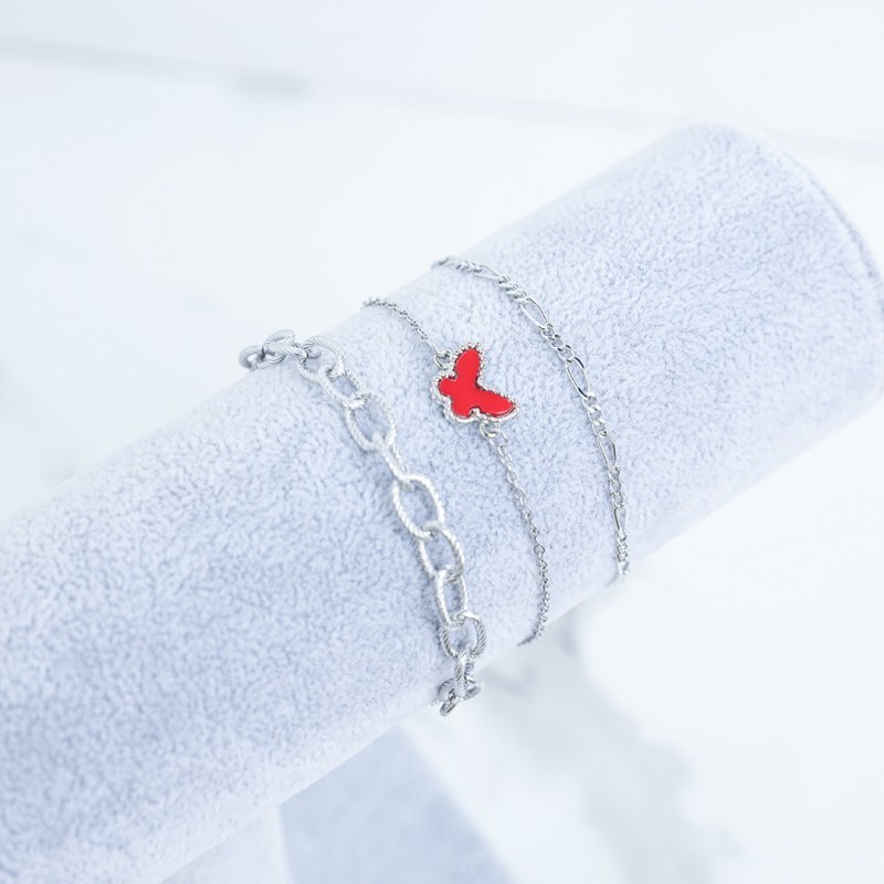 Bracelet 3CS Silver Set Red Butterfly Charm Layered Chain Adustable Women Gift