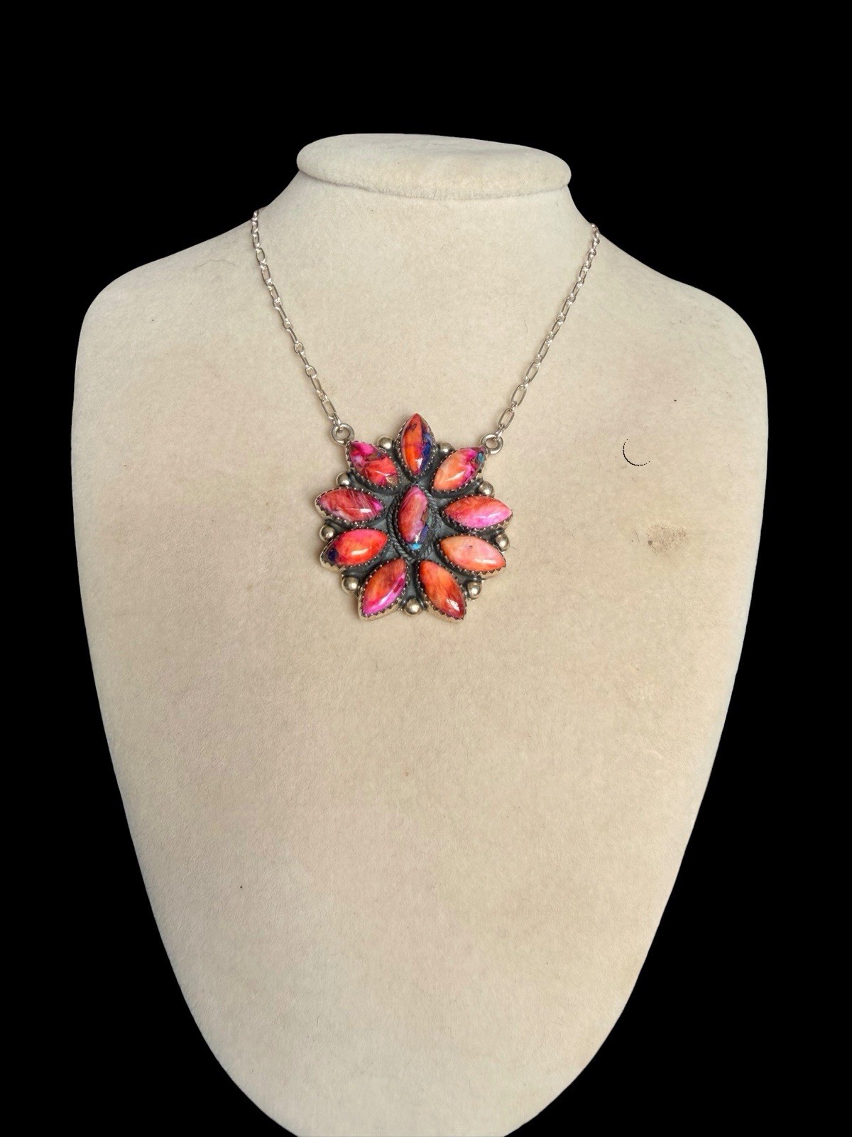 BEAUTIFUL SOUTHWEST STERLING SILVER DAHLIA ROSE TURQUOISE STONE FLOWER NECKLACE