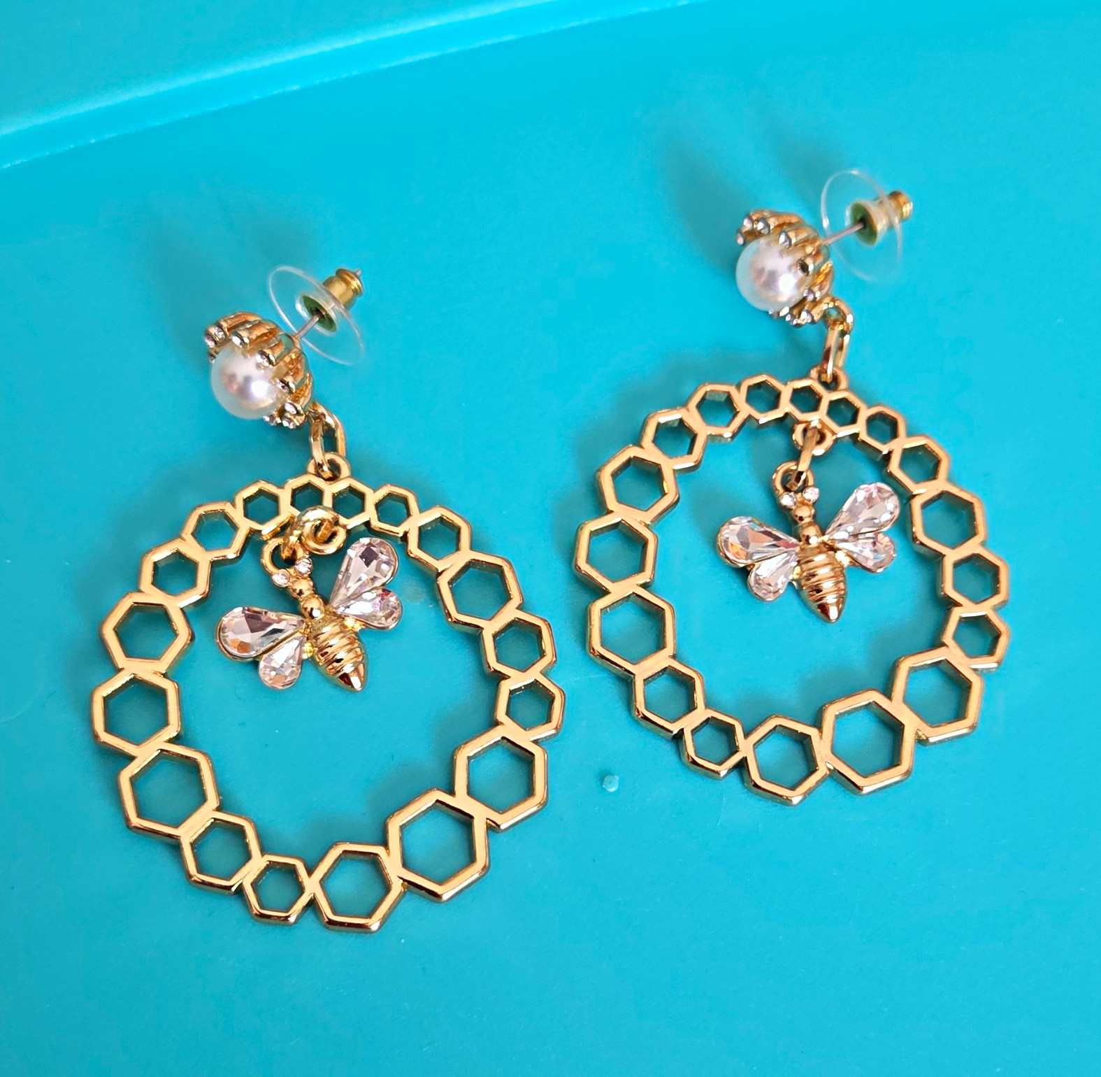 Gold Tone Honeycomb Hoop Dangle/Drop Earrings with Bee Charm, Metal, Lobe