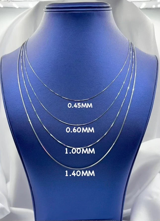 10K Solid White Gold Box Chain Necklace, 0.5mm To 1.0mm Wide