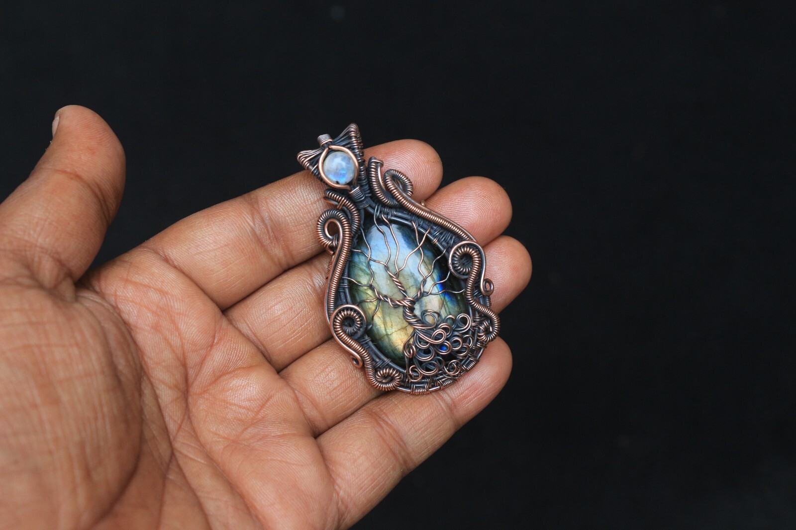 Yellow Fire Labradorite Copper Wire Wrap Tree Of Life Pendant Jewelry Gift NK547