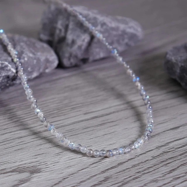 Natural Labradorite Moonstone 4mm Round Beaded Choker Minimalist Dainty Necklace
