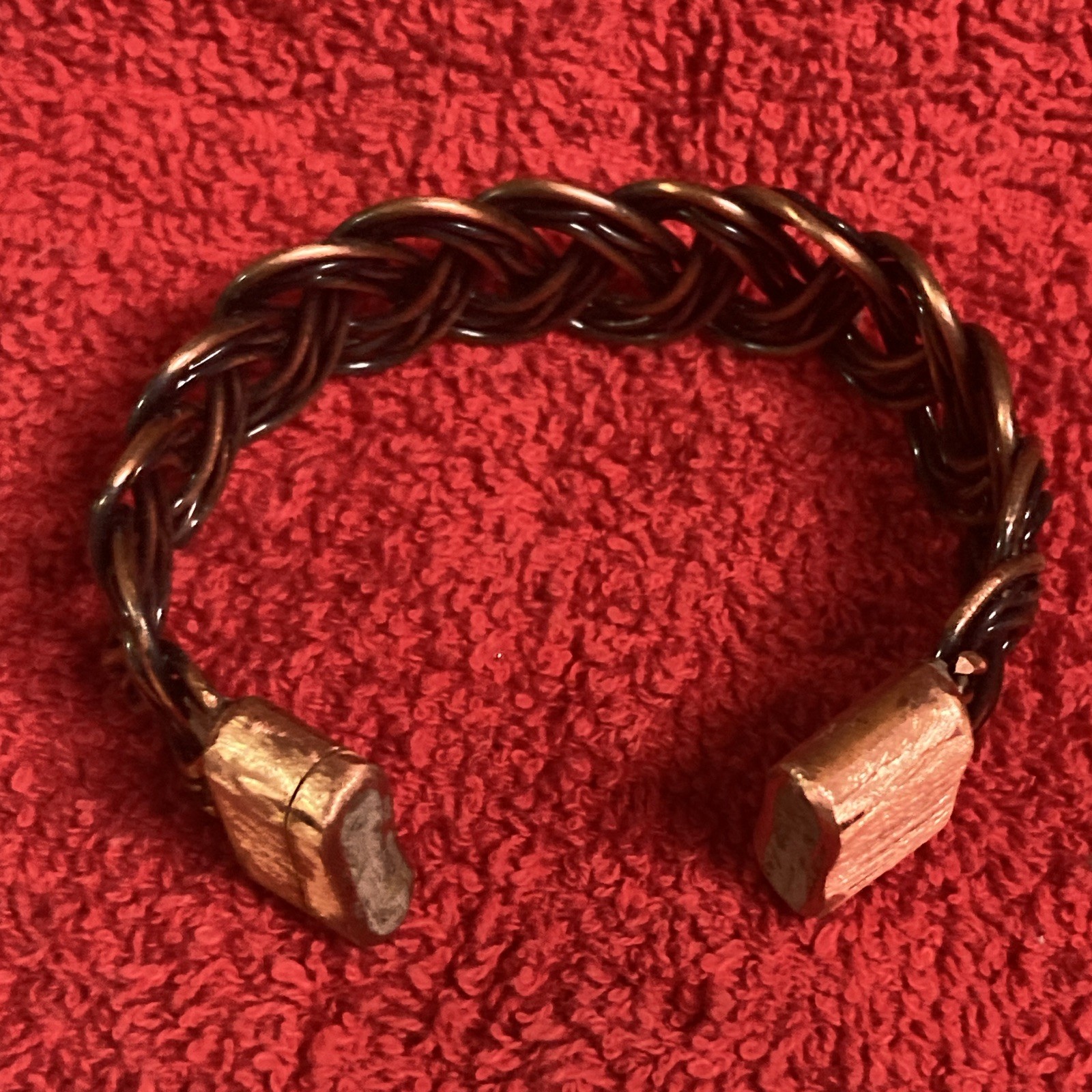 Braided wire weave copper tone open-ended cuff bracelet, no stone