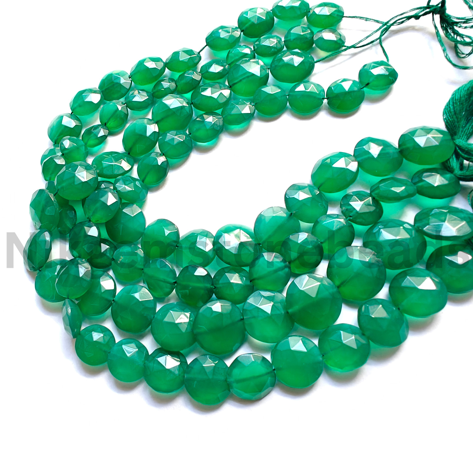 Natural Green Onyx Gemstone, Briolette Faceted Coin Cut Beads, 11.00-12.00 MM.