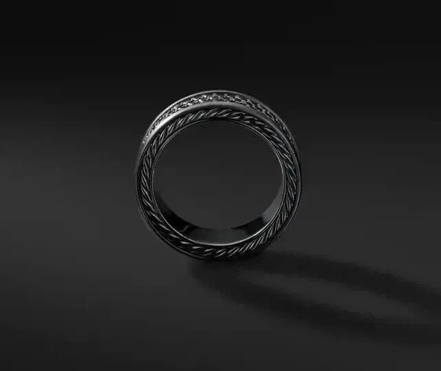 Eternity Anniversary Men Ring 14KBlack Gold Finish Round Simulated Black Diamond