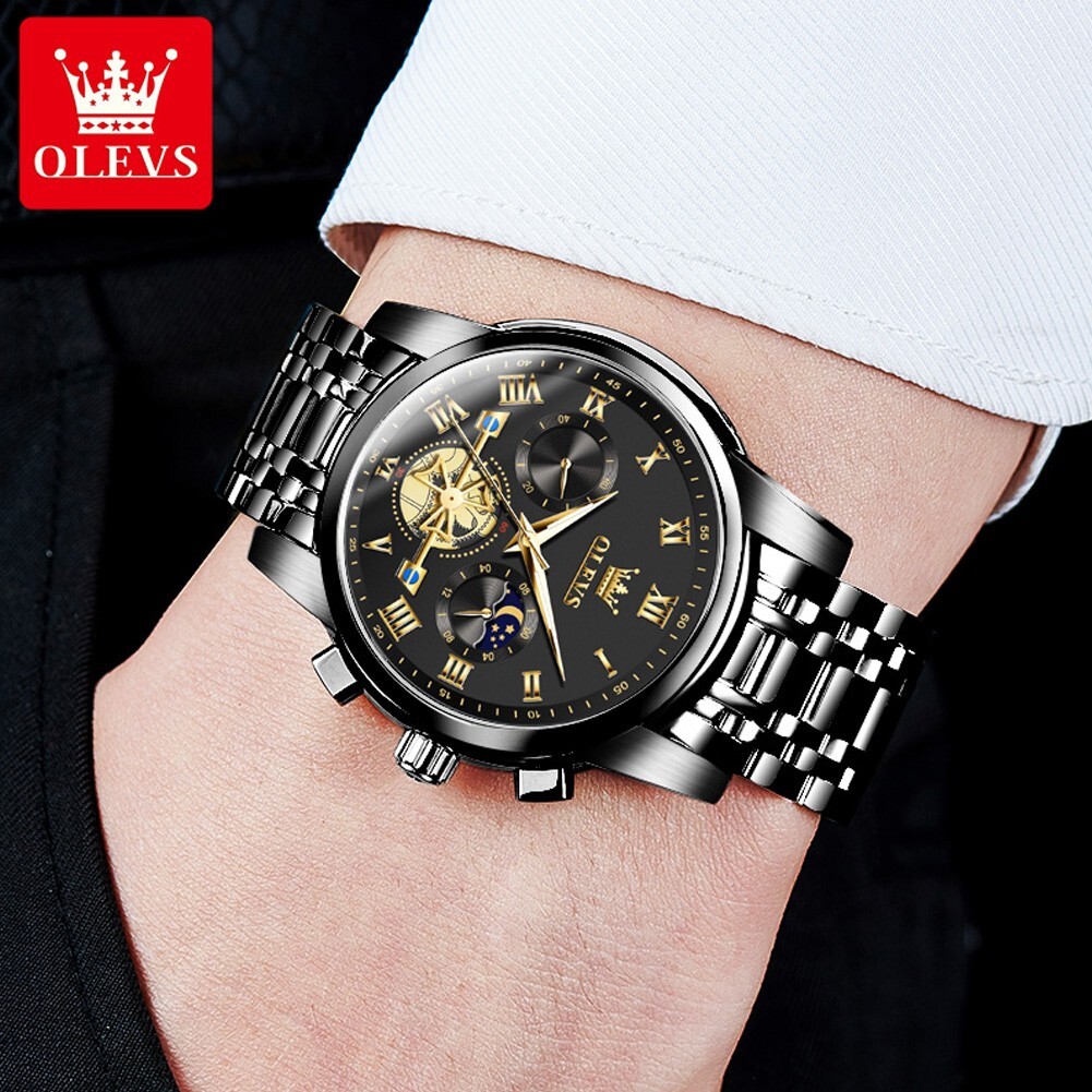 OLEVS Quartz Men’s Watch, Stainless Steel, Chronograph, Waterproof, Moon Phases