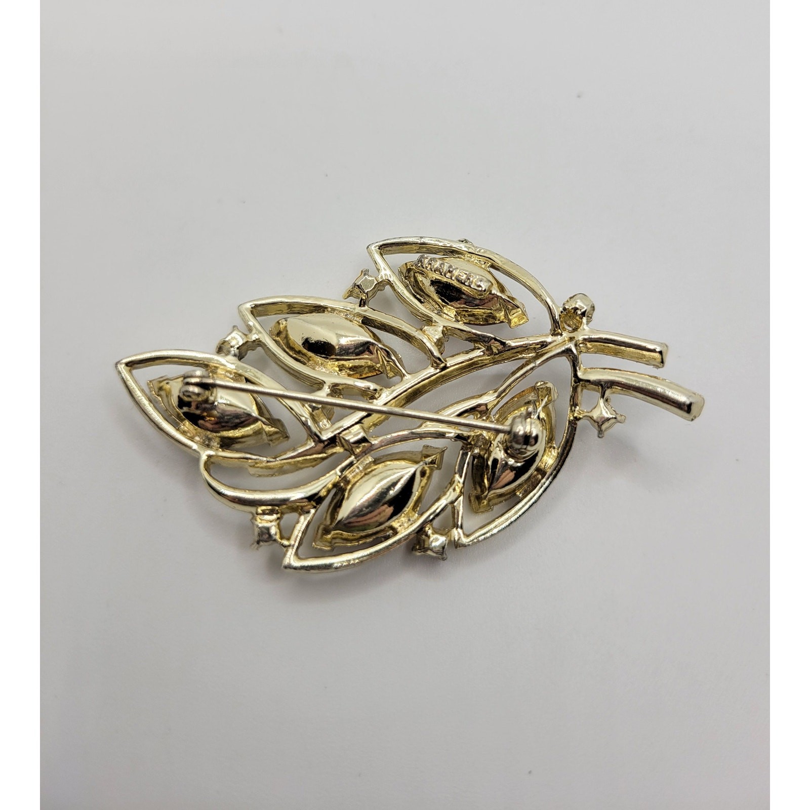Vintage Kramer Rhinestone Leaf Brooch Amethyst Purple Baguette Marquise Signed