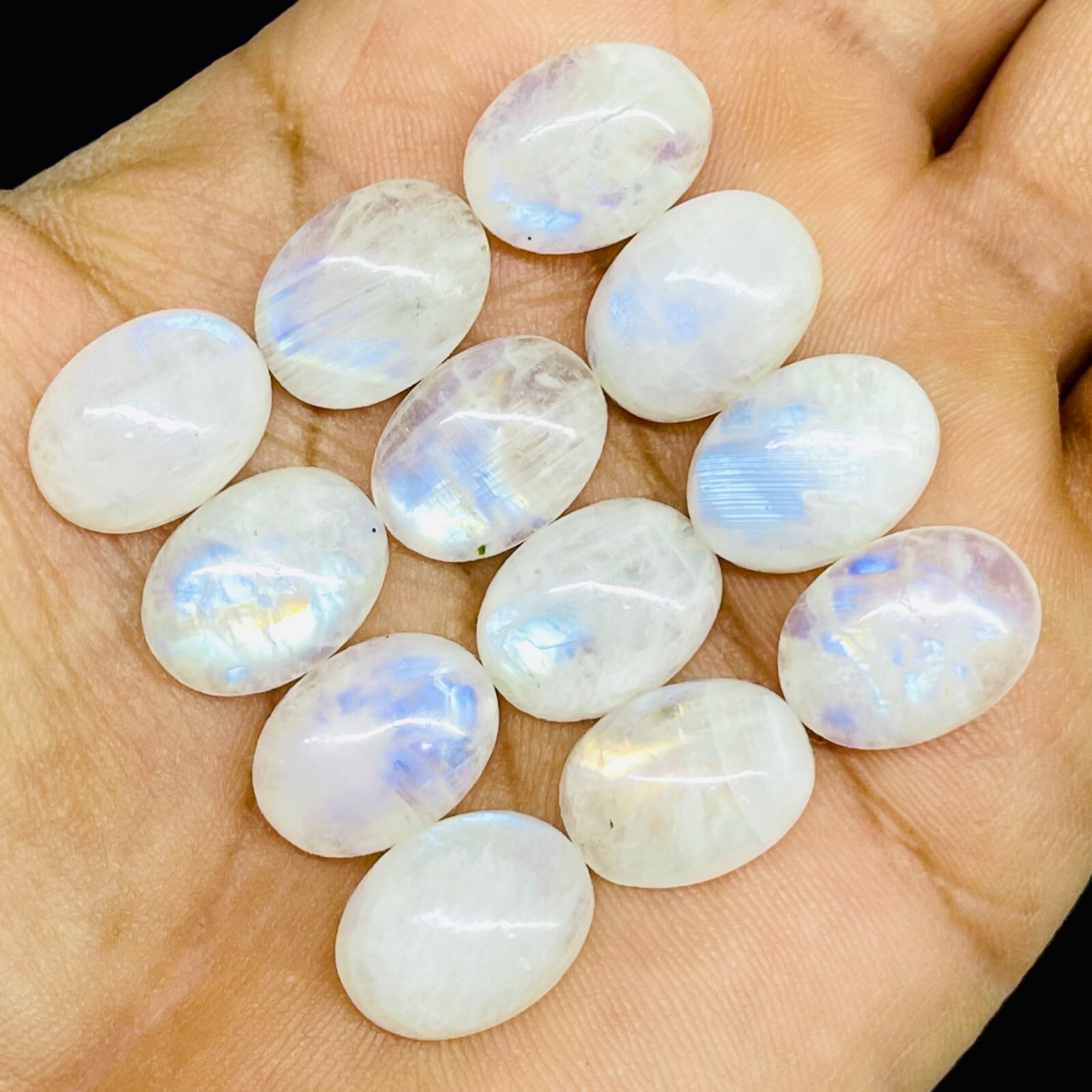 12 Pcs Natural Rainbow Moonstone 16x12mm Oval Blue Shines Cabochon Gemstones Lot