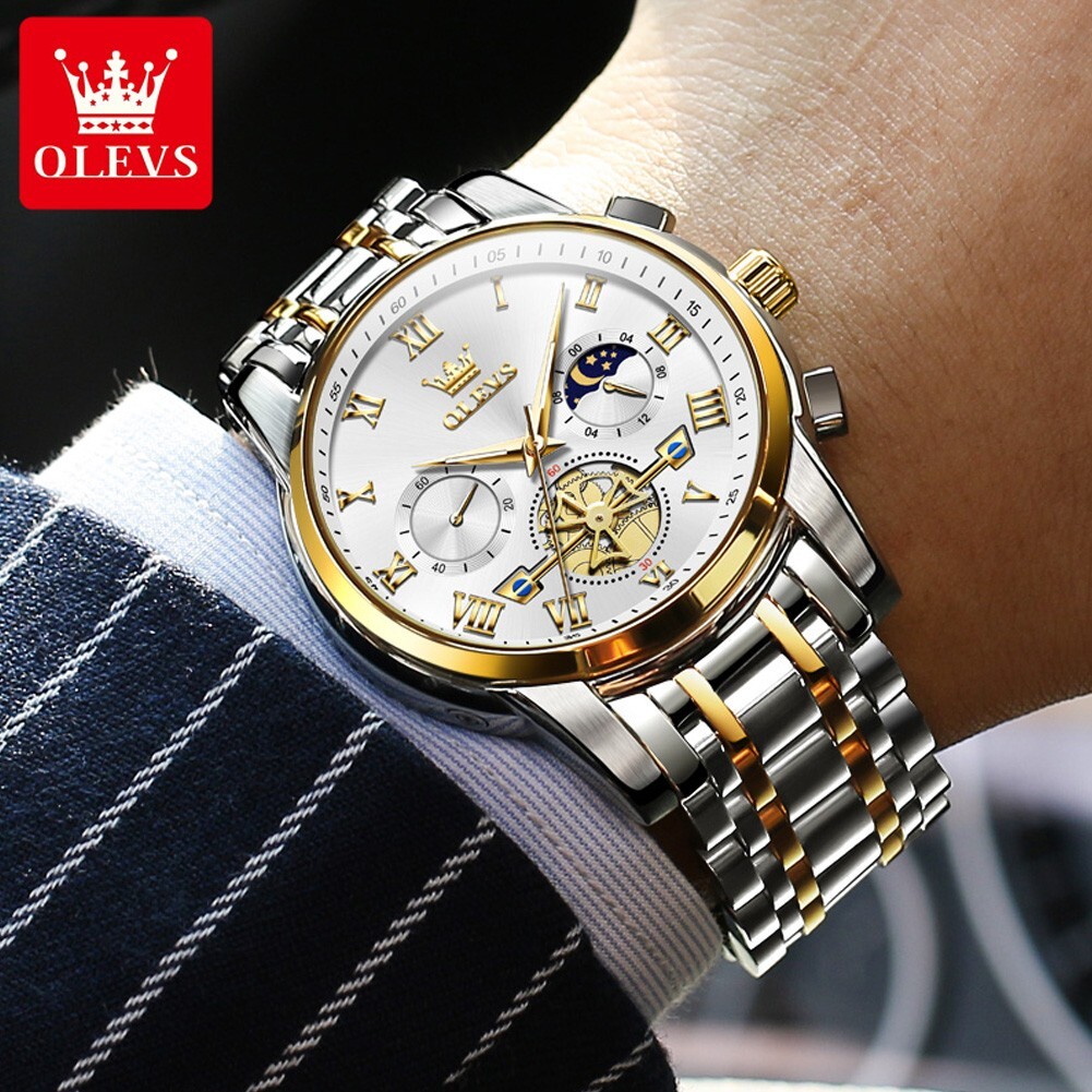 OLEVS Quartz Men’s Watch, Stainless Steel, Chronograph, Waterproof, Moon Phases