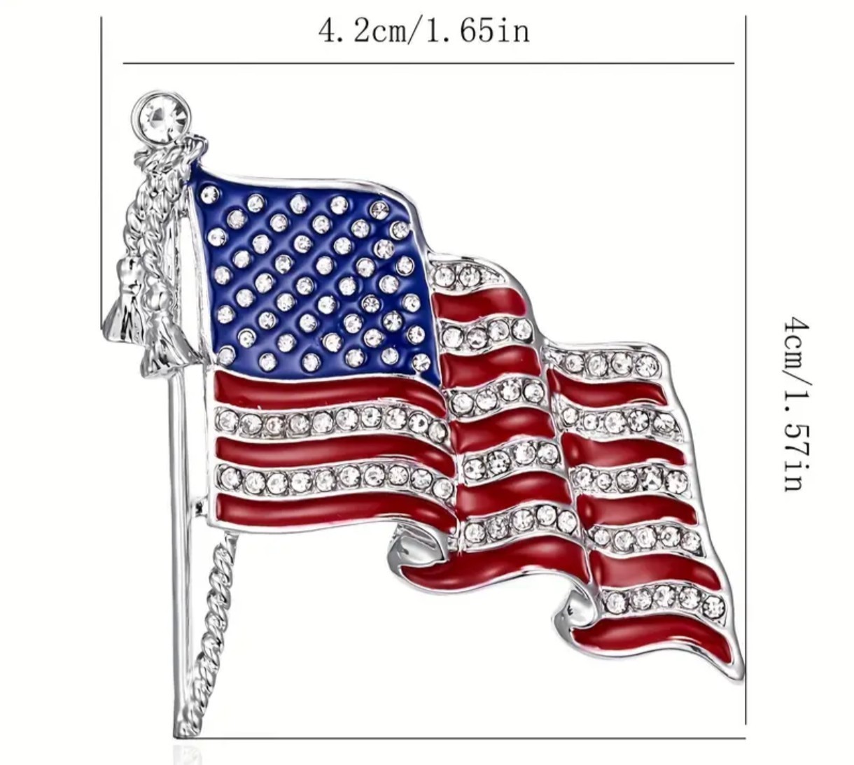 American Flag Brooch Pin Silver Plated Rhinestone & Zinc Alloy Stylish Durable