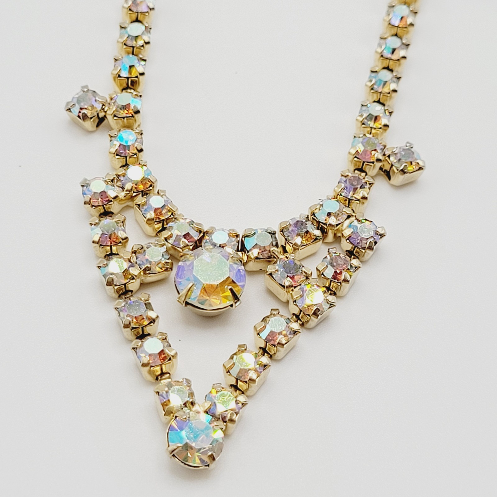 Swag or V Style Drop Choker AB Rhinestone Necklace Gold Tone Vintage 15 inch