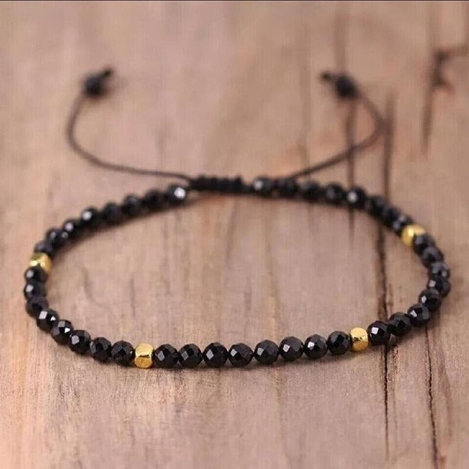 3mm Black Spinel Crystal Gemstone Beaded Dainty Bracelet Healing Energy Gift