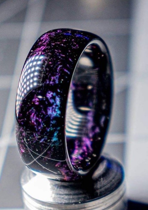 Galaxy Pattern Space Theme Resin Band Ring, Black/Purple, Fashion Jewelry