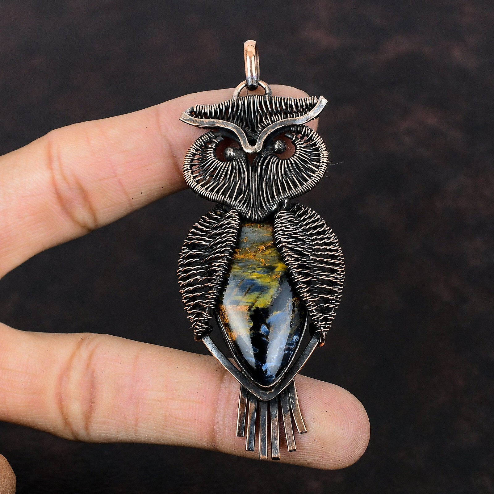 Sisters Day Sale Copper Pear Pietersite Stone Wire Wrapped Owl Pendant Jewelry