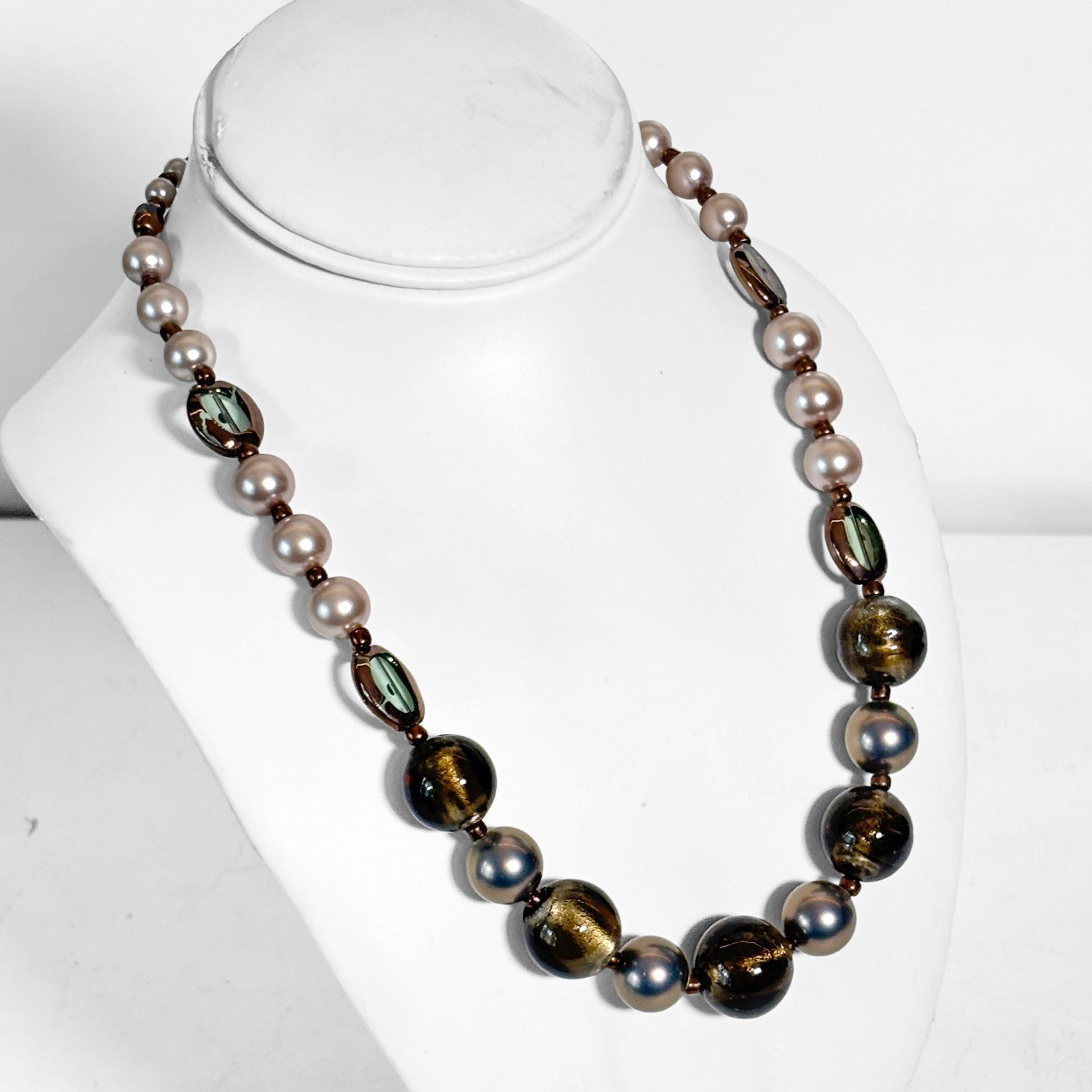 Artisan Beaded Necklace Lampwork Glass Faux Pearl Mauve Bronze Olive 19 Inch