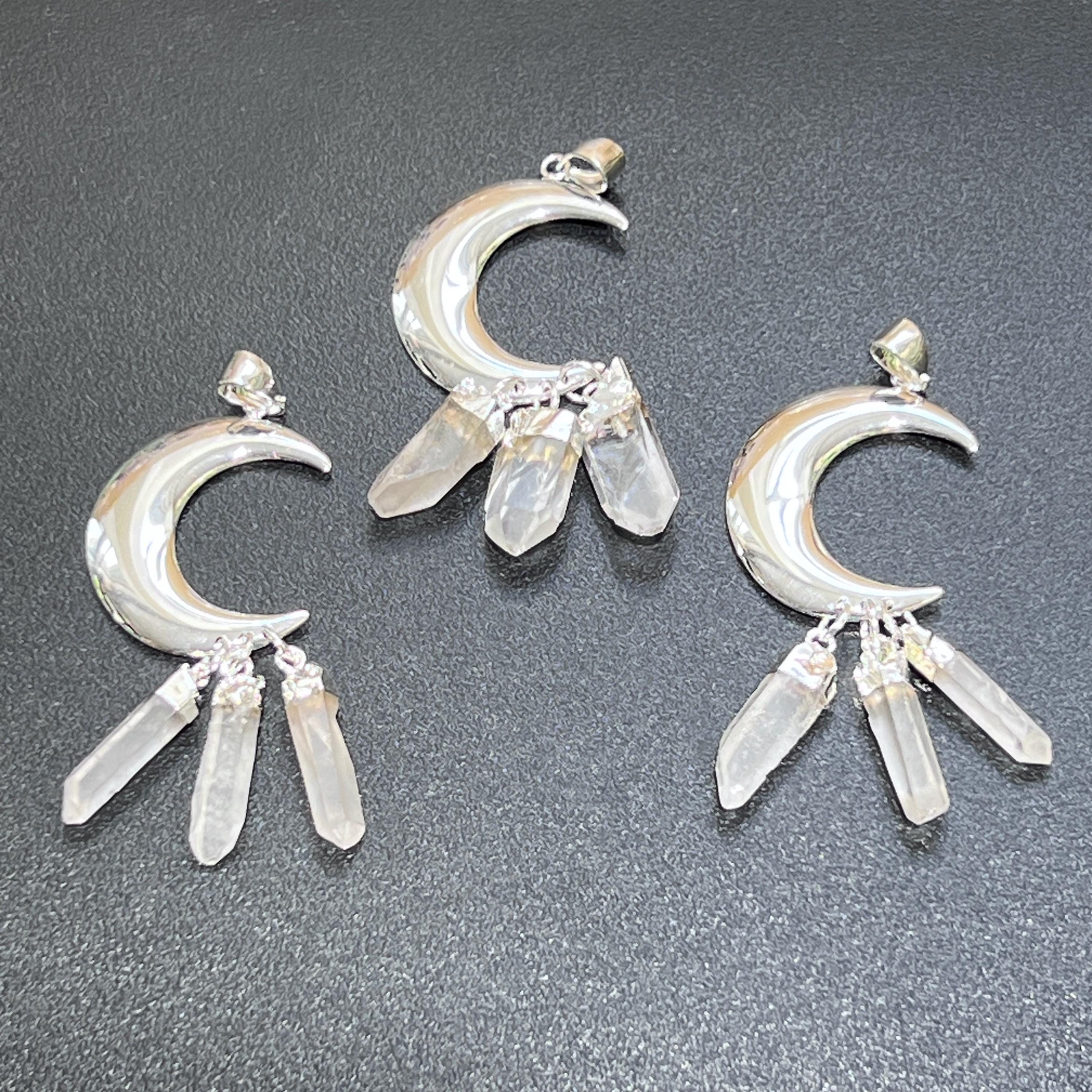 Quartz Crystal Crescent Moon Pendant (Silver Plated)(3 Crystals) Jewelry