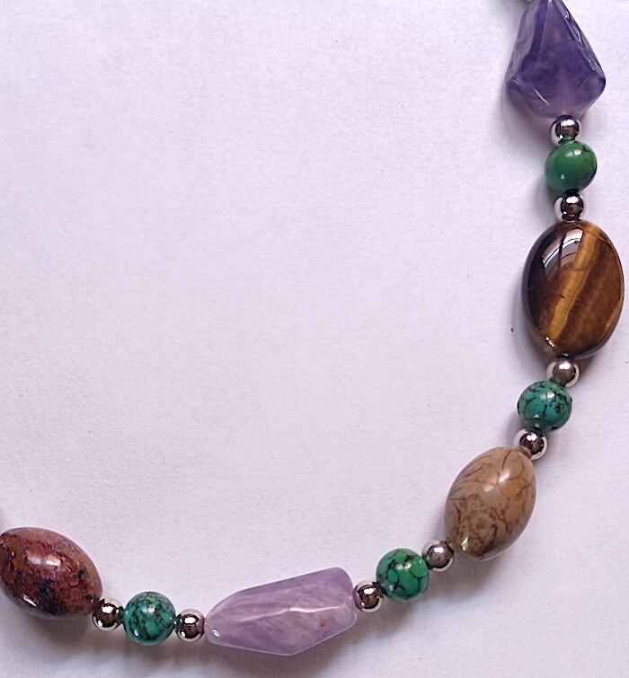 Necklace – Tiger Eye, Amethyst, Jasper, Other Bead Accents, Adjusts, 18 to 20″