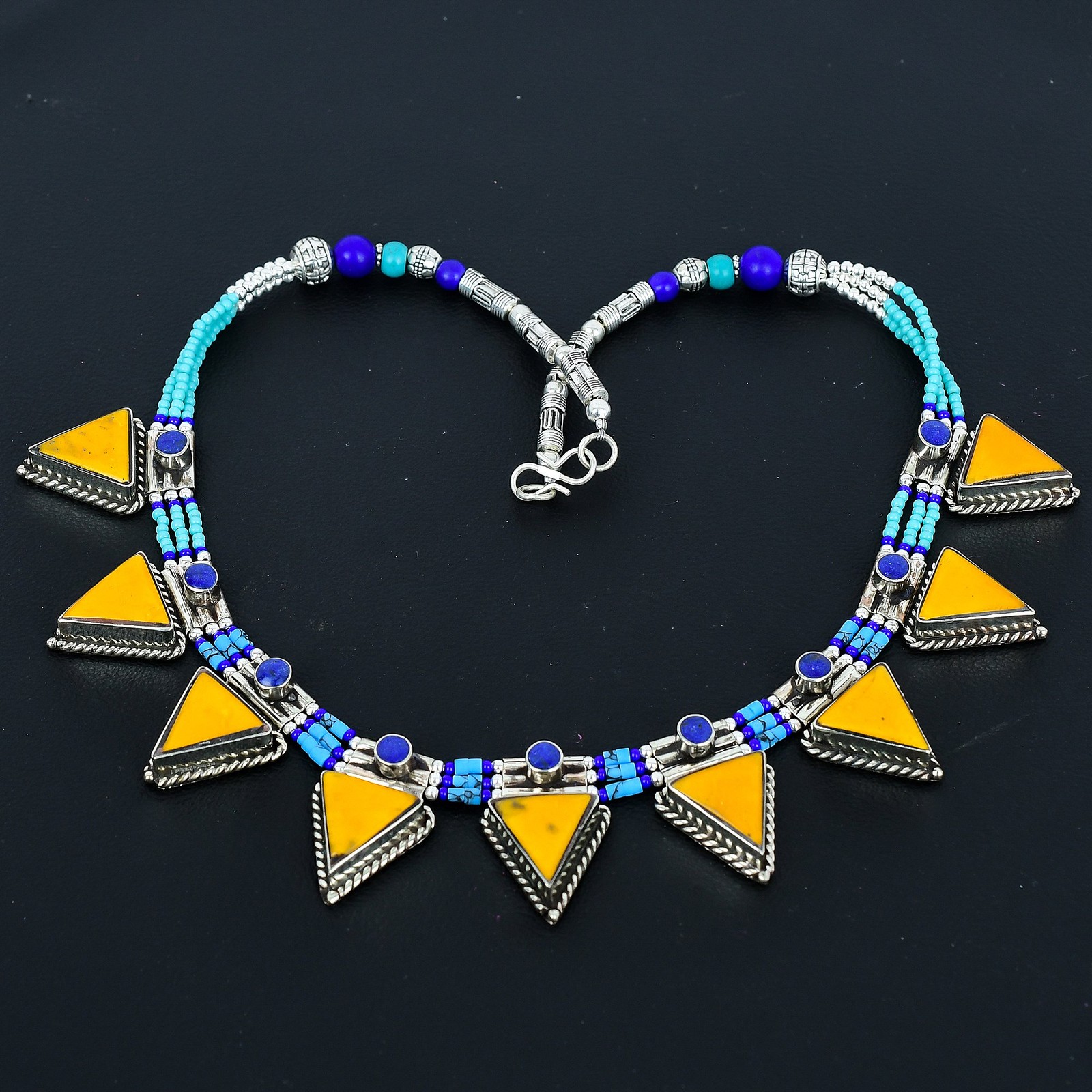 Yellow Coral Turquoise Lapis Lazuli 925 Sterling Silver Gift Necklace 18″ PG 519