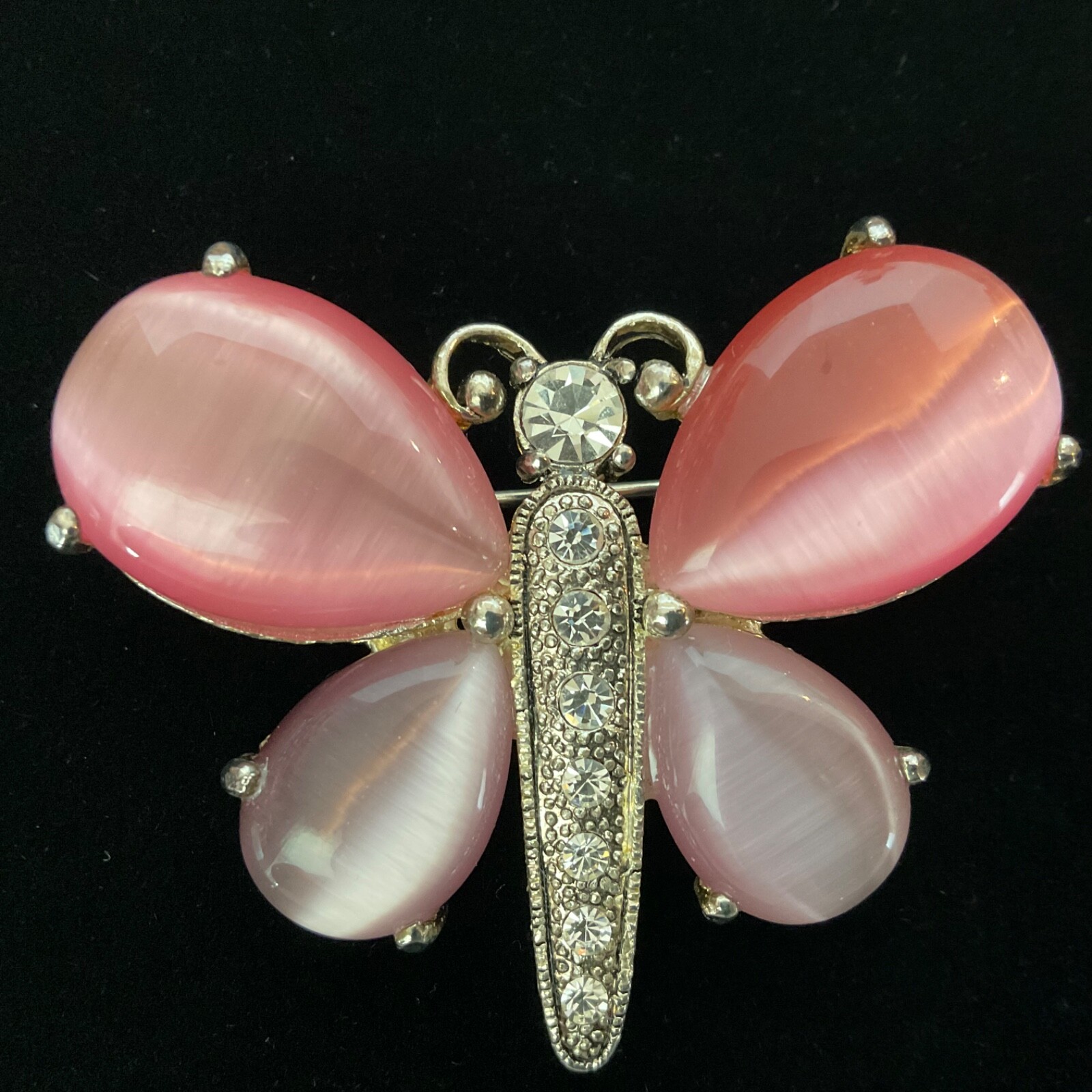 Butterfly Pair Silver Tone Rhinestones Moon Stone Cabochons 1 Signed AAI Vintage