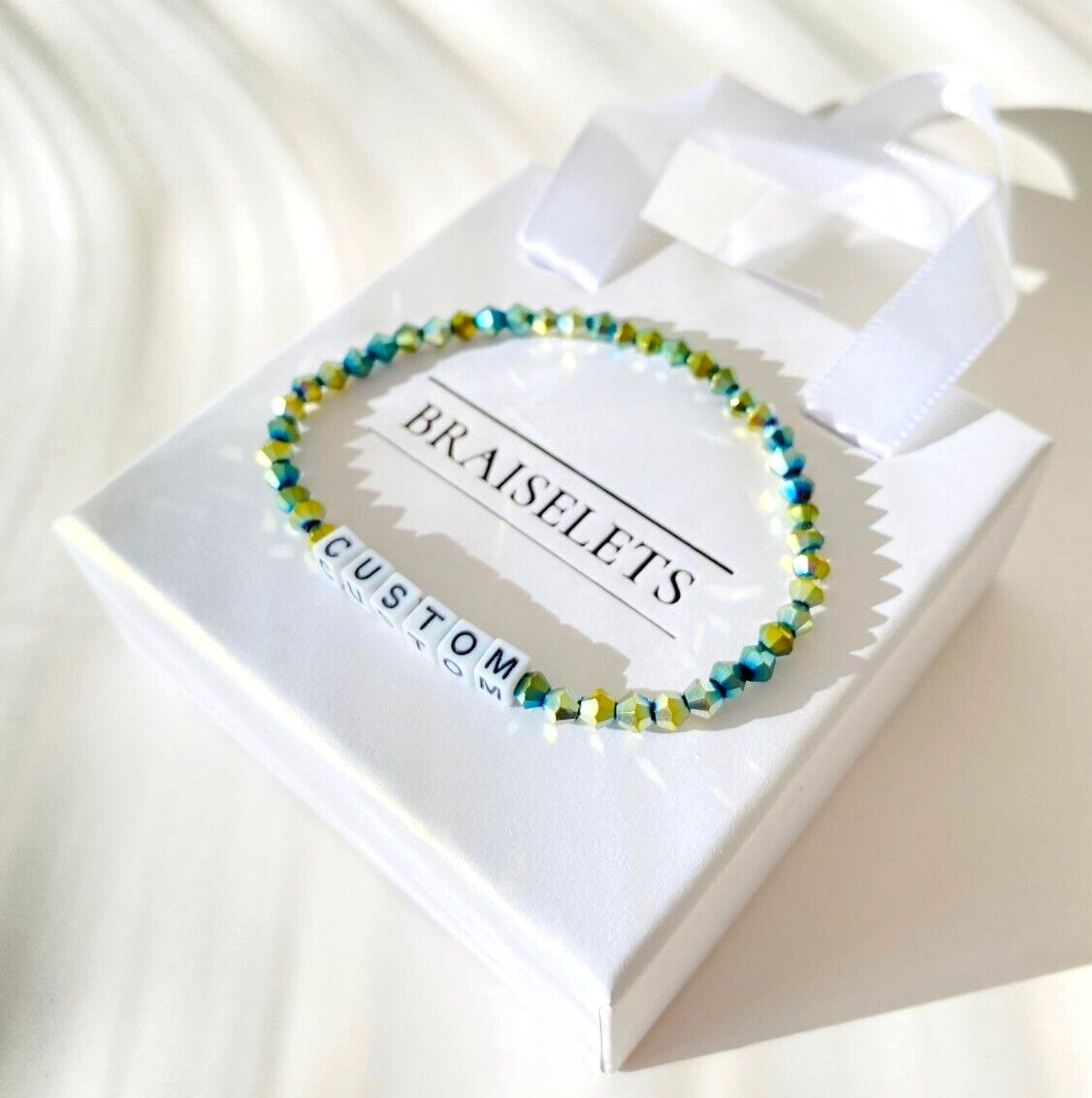 Custom Name Bracelet 4mm Multicolor Green Beads White Letters Word Jewelry Gift