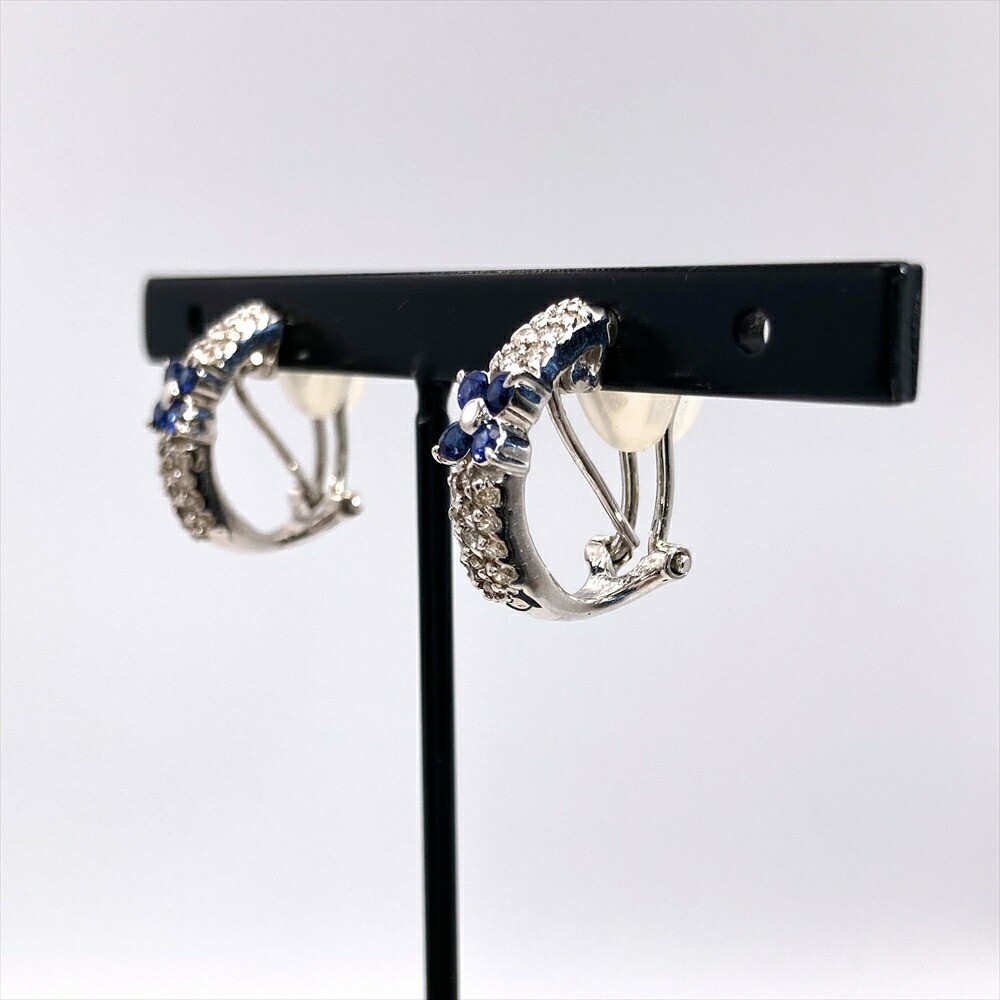 Sapphire 0.27ct Diamond 0.188ct Flower Earrings 18K White Gold 4.7g