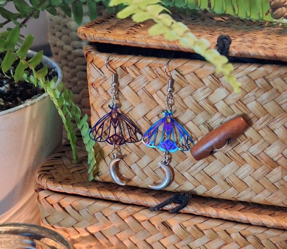 multicolor crescent moon moth earrings || handmade