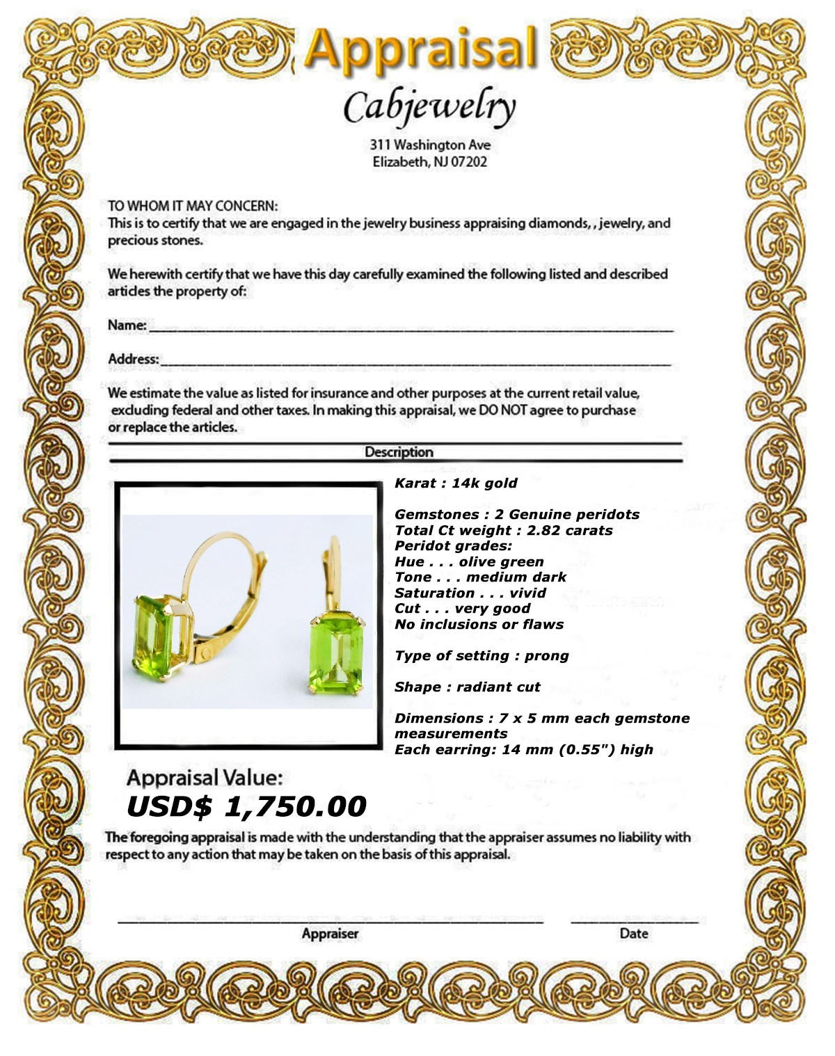 GENUINE 2.82 Cts PERIDOT EARRINGS 14k Yellow Gold – LEVER BACKS- Free Appraisal