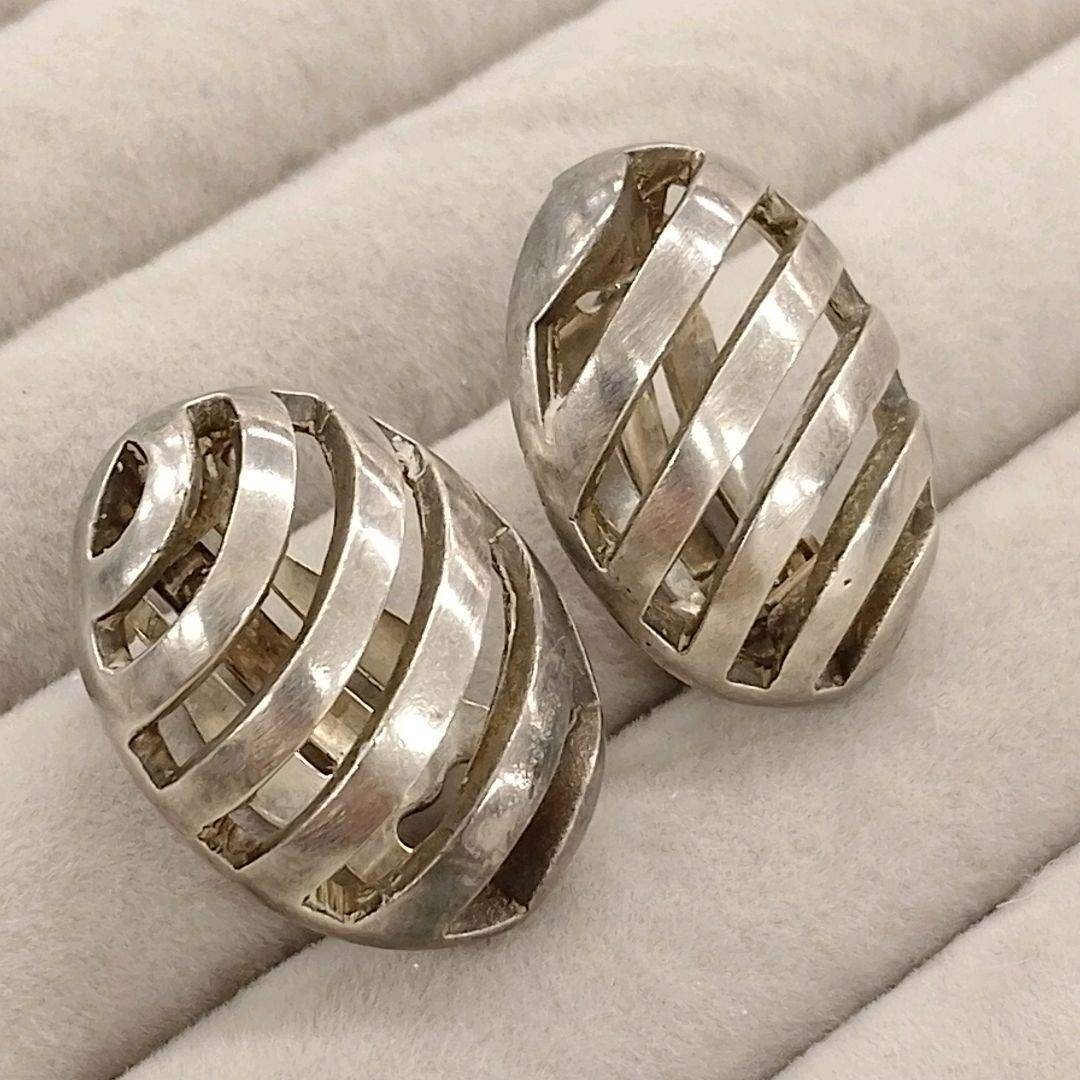 Excellent+++ Vintage Skeleton Stripe Design Silver Earrings