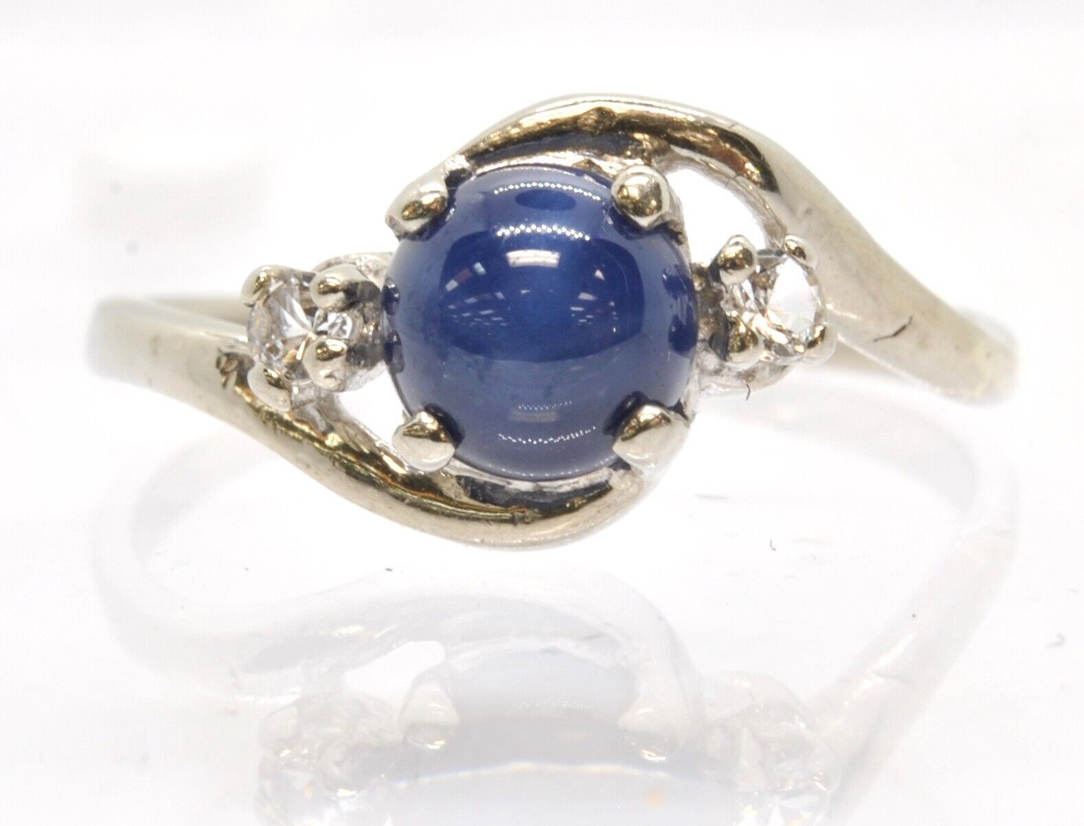 10k White Gold Blue Star Sapphire Gemstone Right Hand Ring Diamond Accents
