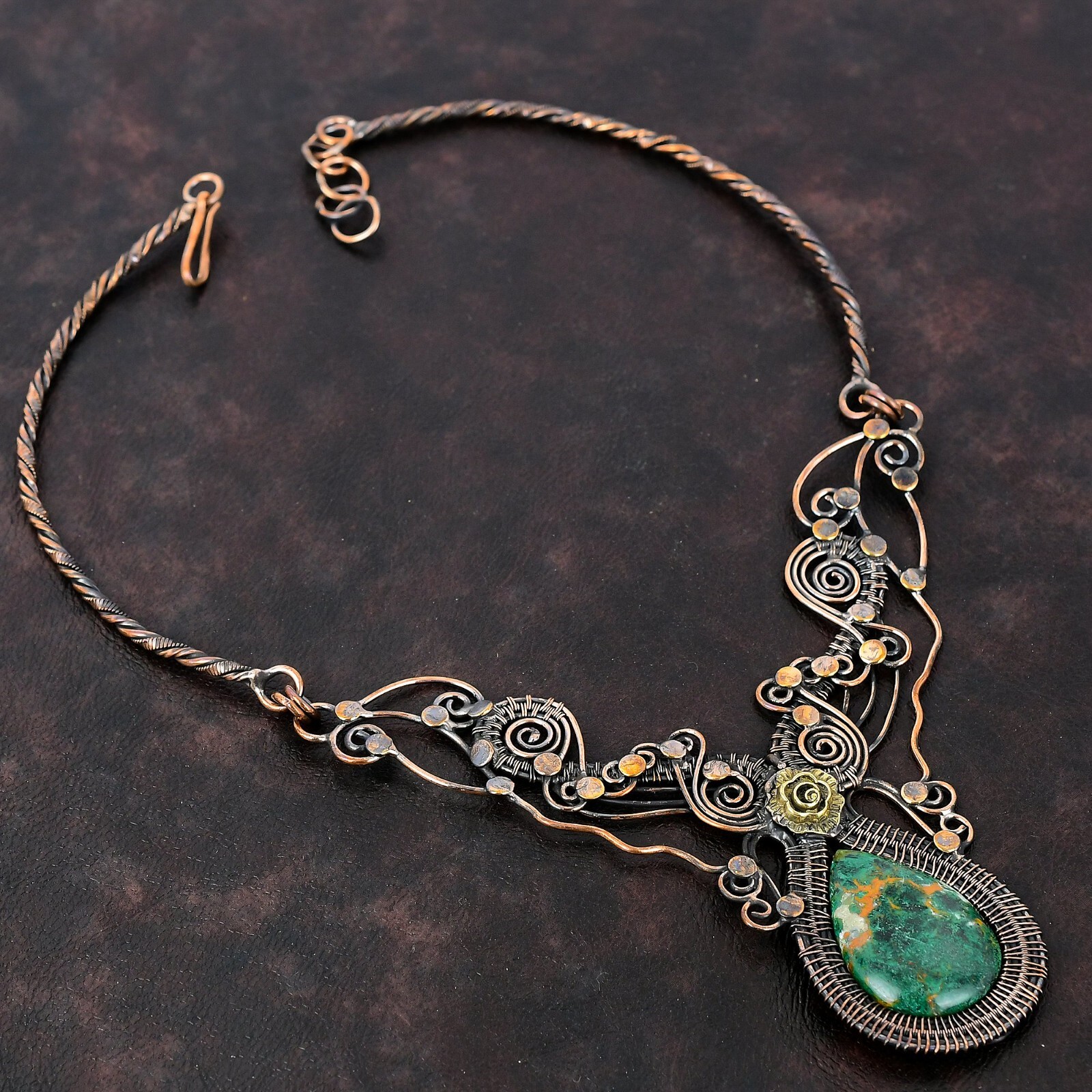 Cuprite Chrysocolla Wire Wrapped Flower Chain Adjustable Necklace Copper 18.0″