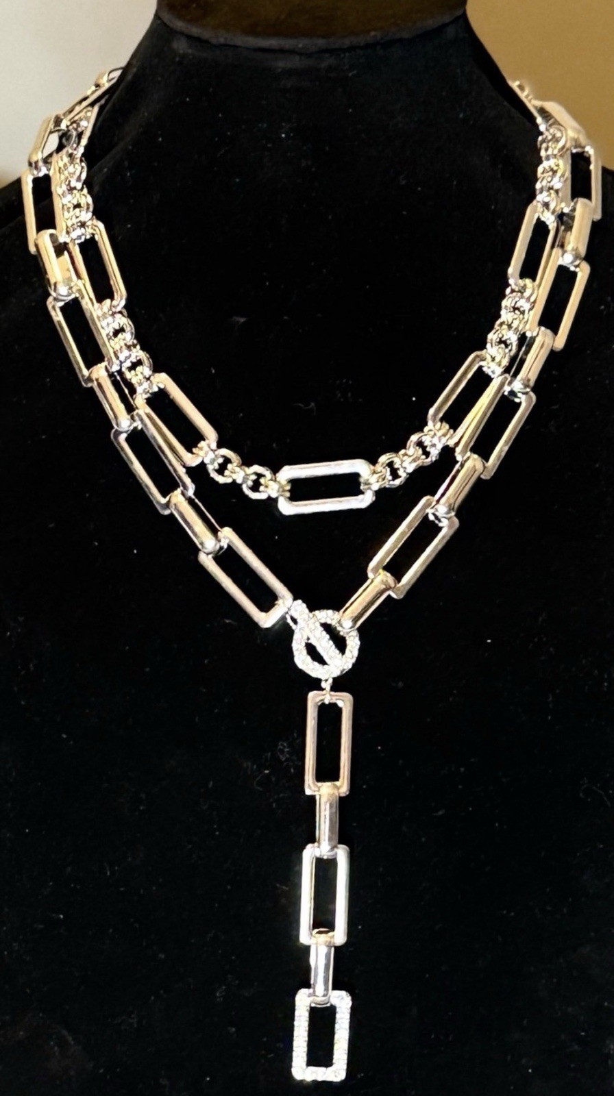 Silver Y Necklace 18″ Crystal Pavé Circle Front Closure Double Layered Link