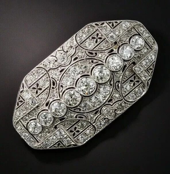 Vintage Art-deco Brooch Pin 6CT Simulated Diamond 14K White Gold Plated 3 inch
