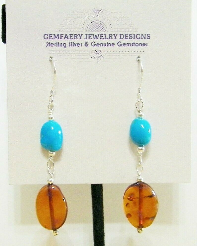 Sterling Silver ROYSTON TURQUOISE & BALTIC AMBER Dangle Earrings…Handmade USA