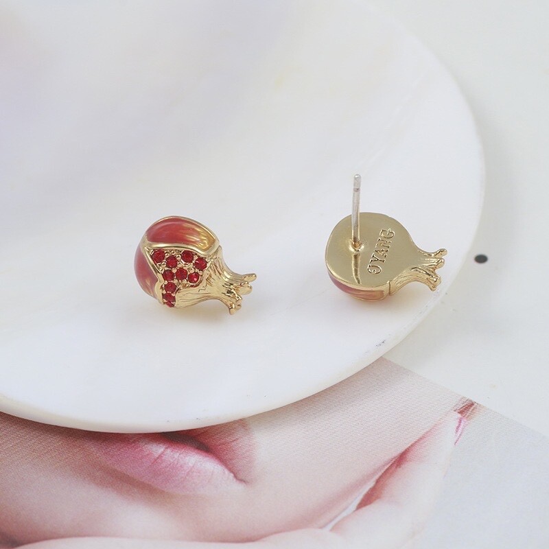 Enamel glaze red small pomegranate stud earrings.