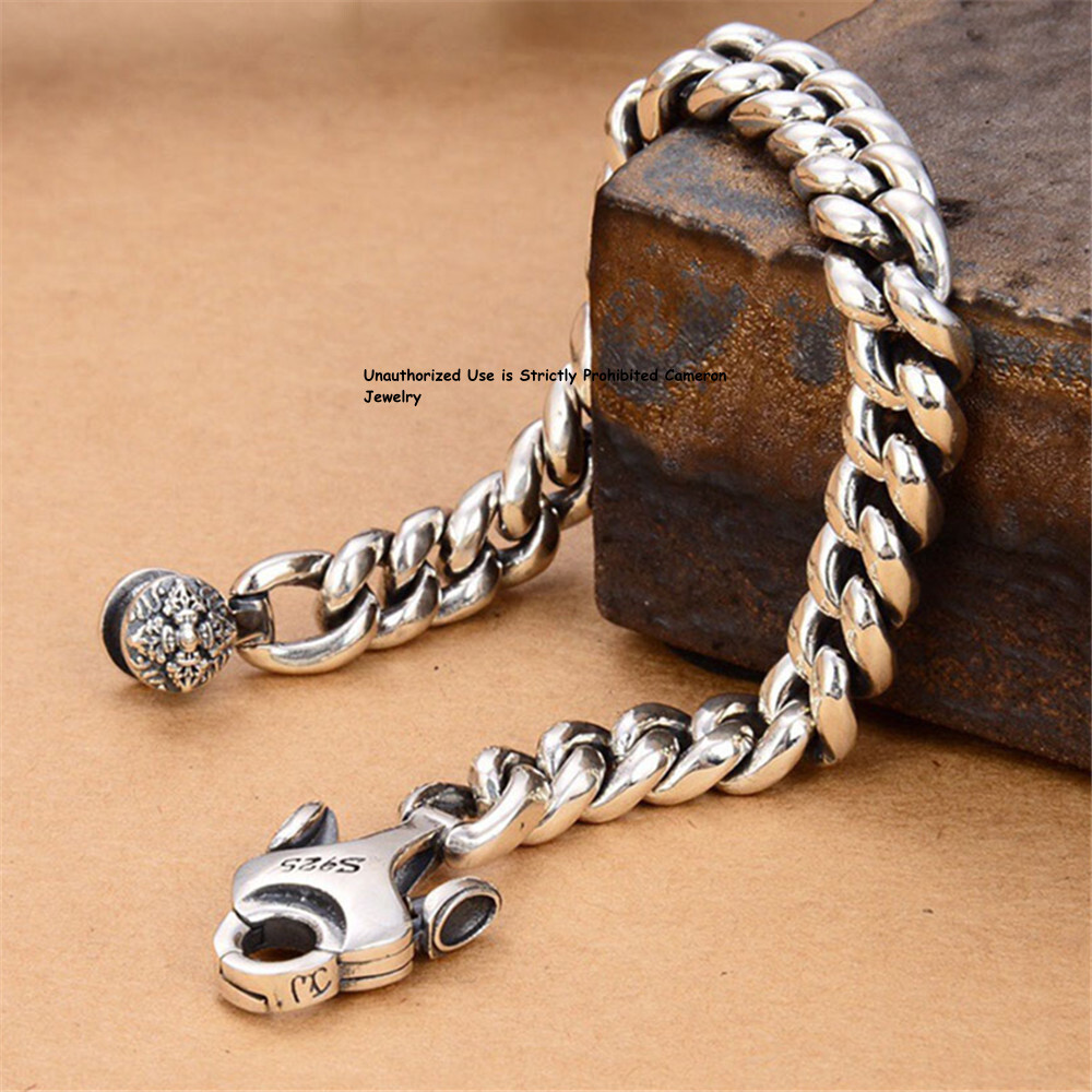 Pure S925 Sterling Silver Chain Men Vajra 9mm Curb Link Bracelet 8.26in 52-53g