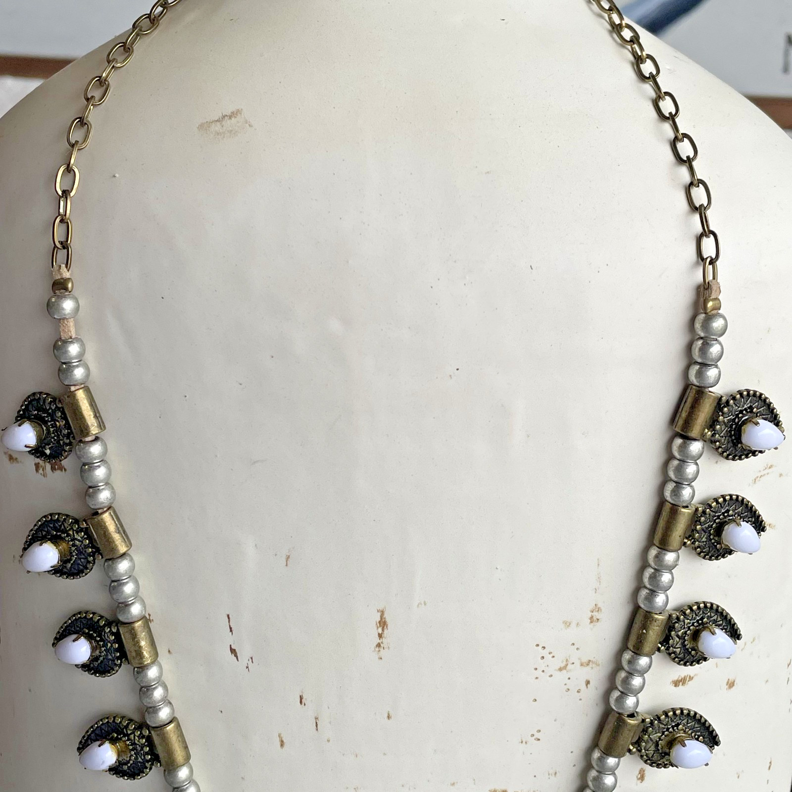 Vintage ELFE Italy White Resin Naja Squash Blossom Statement Pendant Necklace