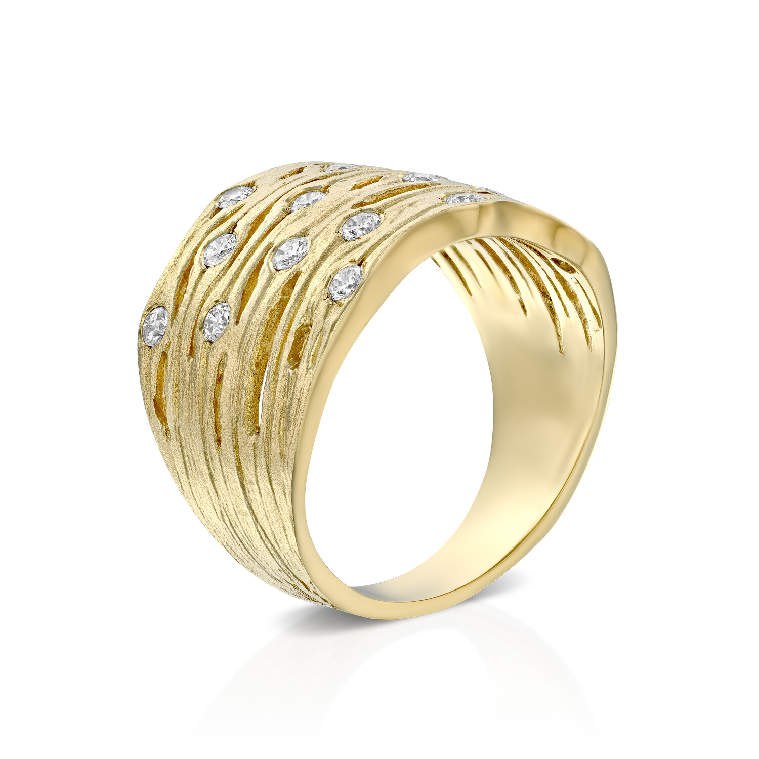 Dainty 14k Yellow Gold Artisan Statement Multi Row Design H/SI Diamond Wide Ring