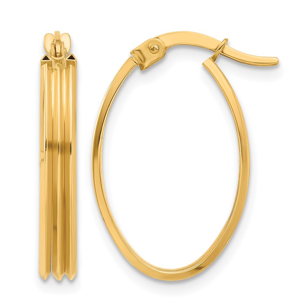 10K Yellow Gold Polished and Grooved Oval Shape Hoop Earrings L-23.4mm,W-15.83mm