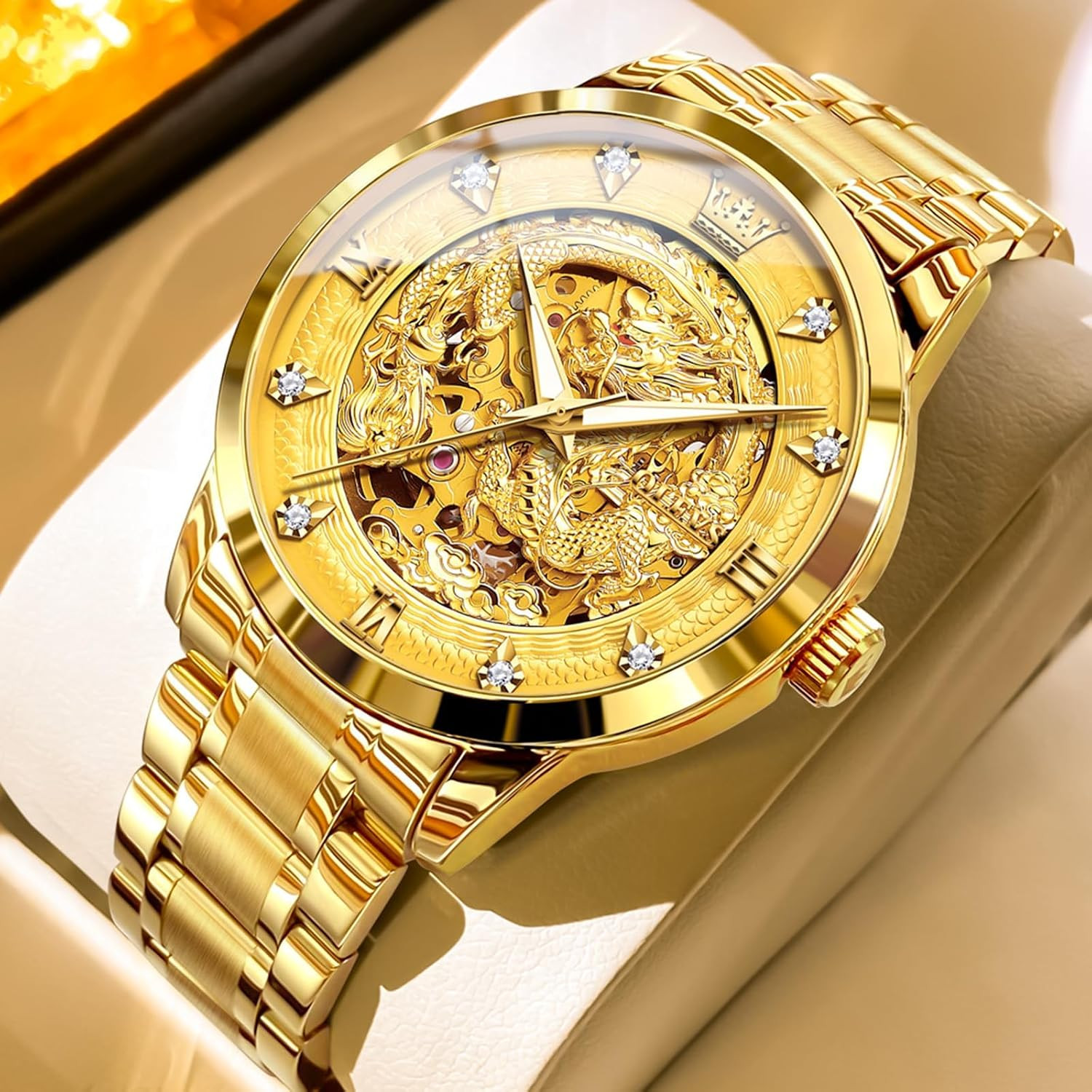 Dragon Skeleton Mens Automatic Watch 42MM Large Dial Gold Luxury Self-Winding Di