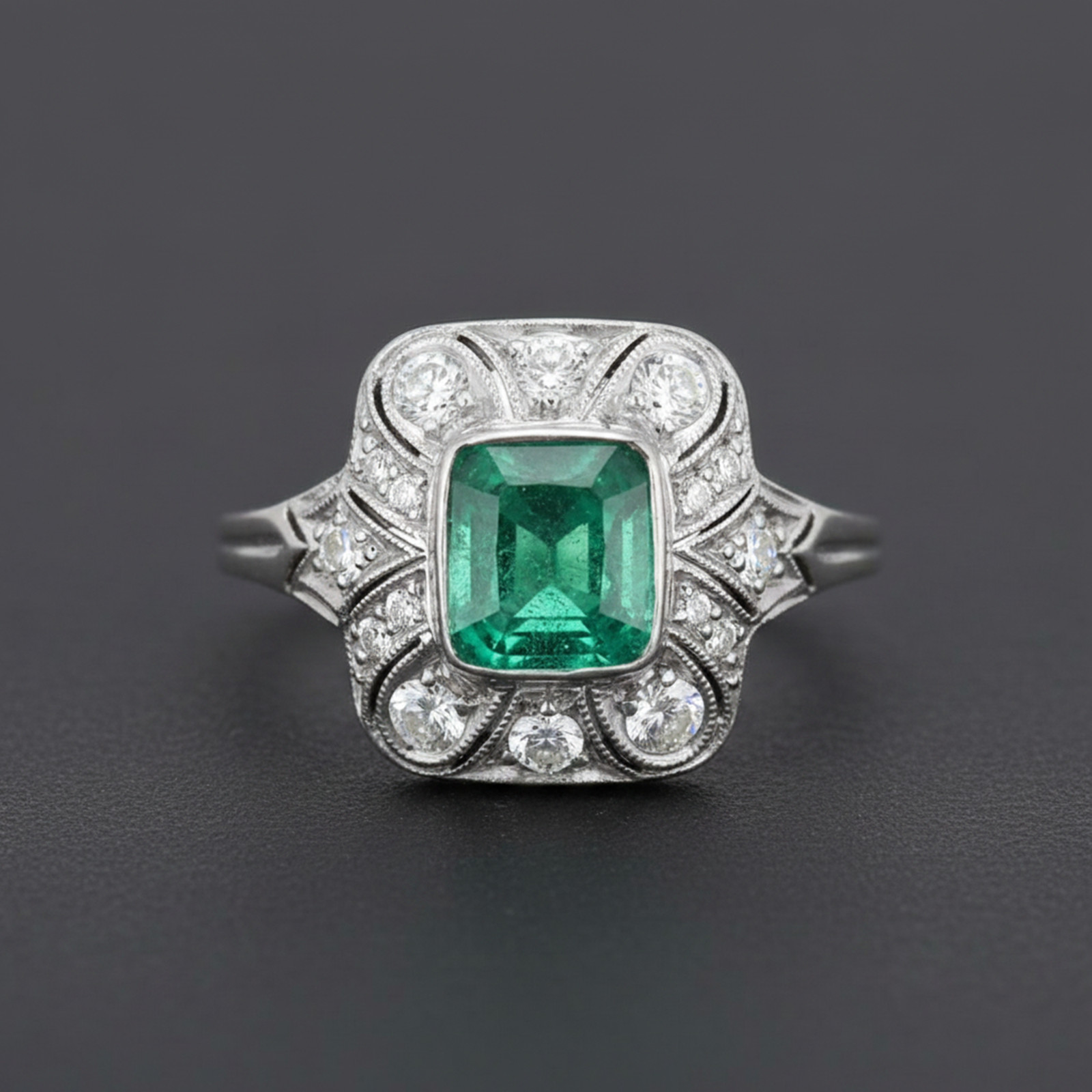Vintage Style Bezel Set Green Cushion Cut Simulated Diamond 14K Gold Bridal Ring