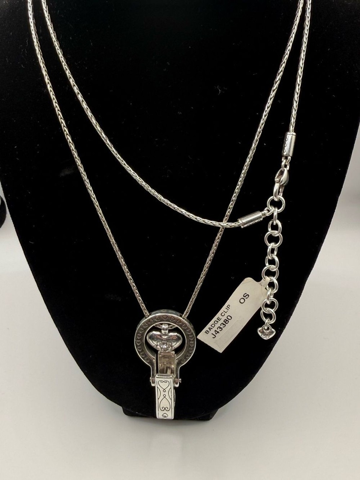 Brighton Badge Clip Necklace Lanyard NWT Silver Heart ID Holder