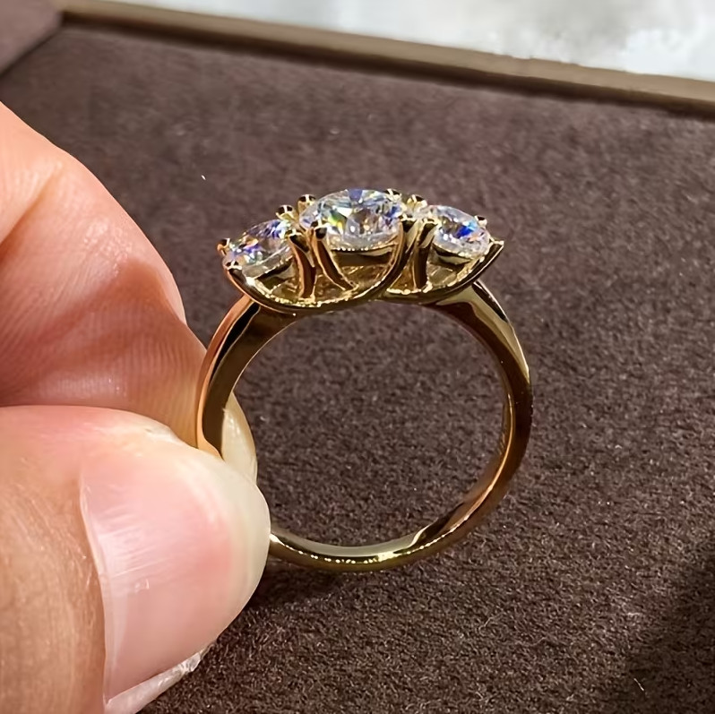 2.0 CTW Round Cut Moissanite Three Stone Engagement Ring Solid 14K Yellow Gold